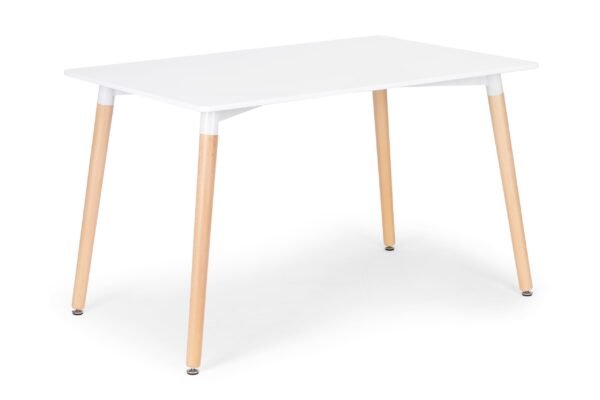 Baltas MDF stalas valgomajam su medinėmis kojomis 120x60 cm