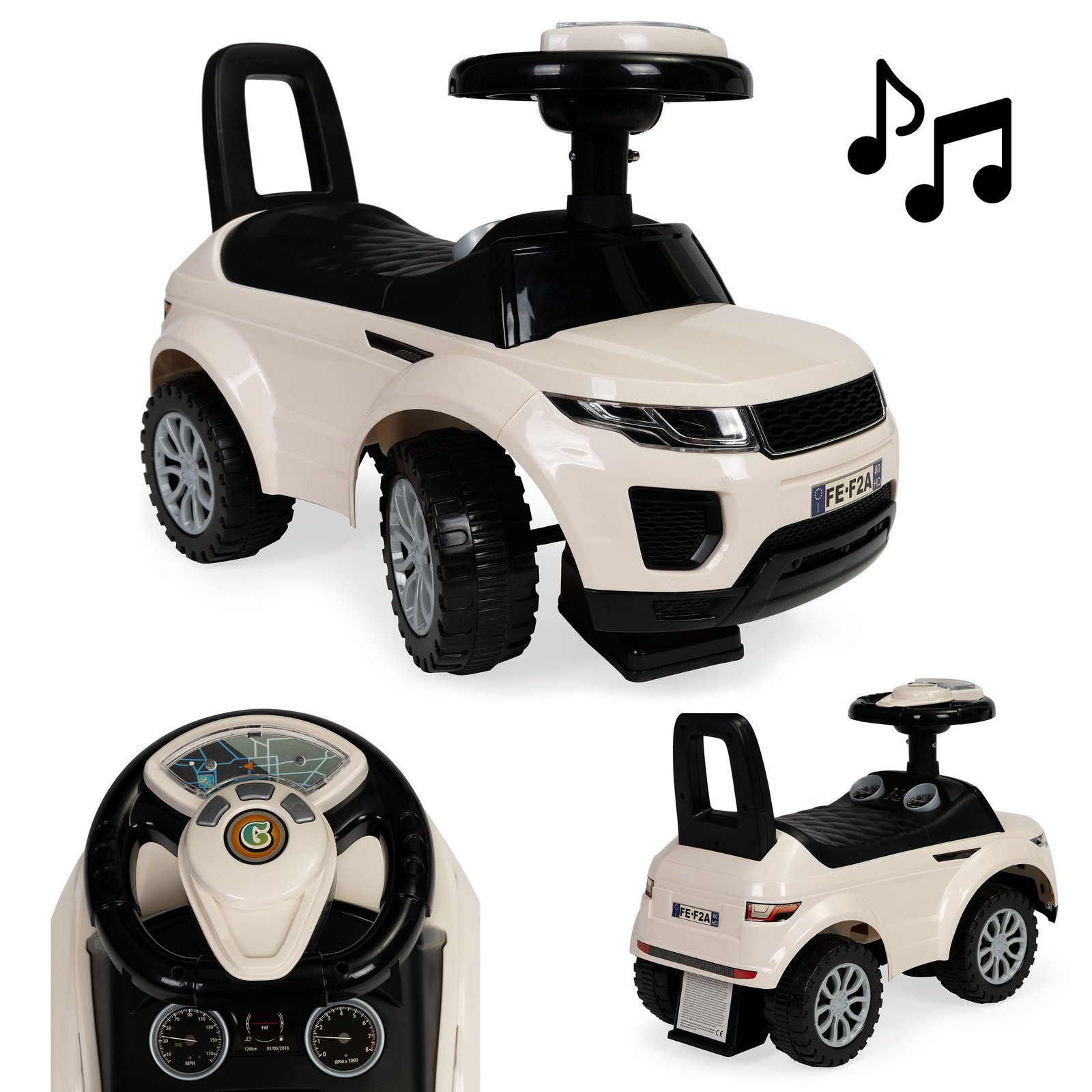Baltas vaikiškas automobilis-stumdukas su garsais