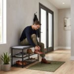 Batų suoliukas su veliūrine sėdyne ir 2 lentynomis 80 cm – Paveikslėlis 2