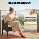 Bistro komplektas, 3 dalių, rotango, 2 lygių stalelis, storos plaunamos pagalvėlės