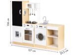 Didelė medinė virtuvėlė su atskirais moduliais, LED apšvietimu ir lenta