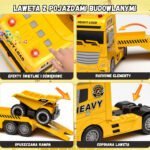 Didelis statybų transporteris su ekskavatoriumi, savivarčiu ir efektais