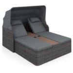 Dvigulė sofa rotango saulės su reguliuojamais atlošais ir išskleidžiamu stogeliu (Pilka)