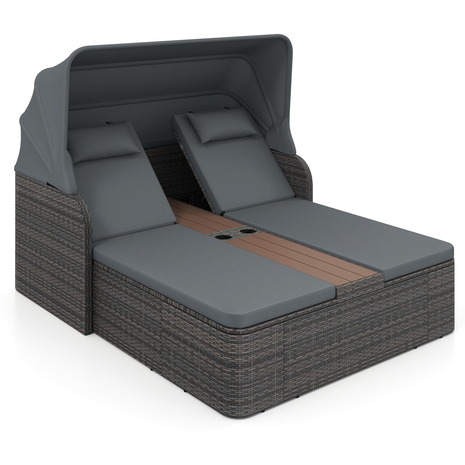 Dvigulė sofa rotango saulės su reguliuojamais atlošais ir išskleidžiamu stogeliu (Pilka) Dvigulė sofa rotango saulės su reguliuojamais atlošais ir išskleidžiamu stogeliu (Pilka)