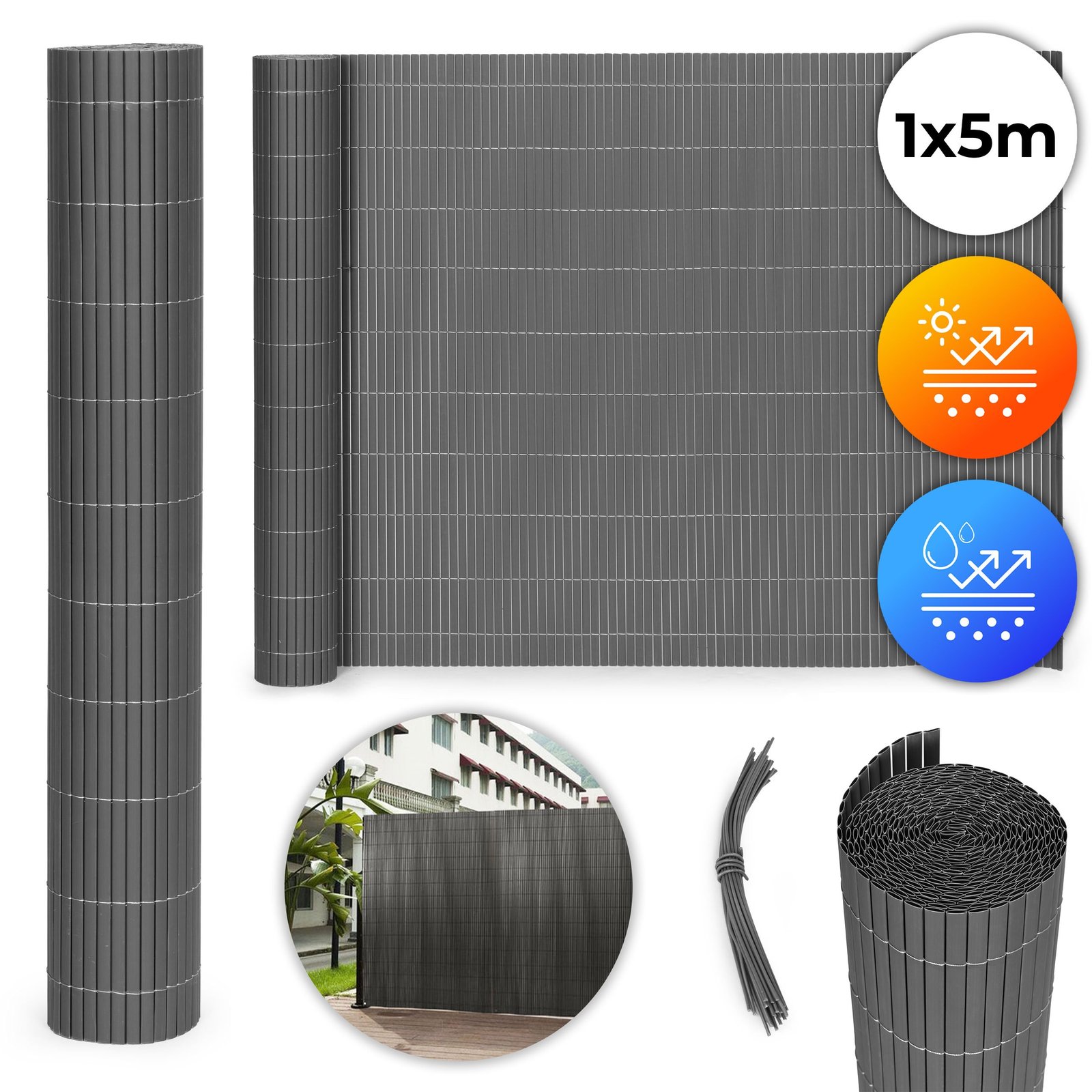 Dvipusė PVC privatumo užtvara balkonui 100x500 cm antracito spalvos