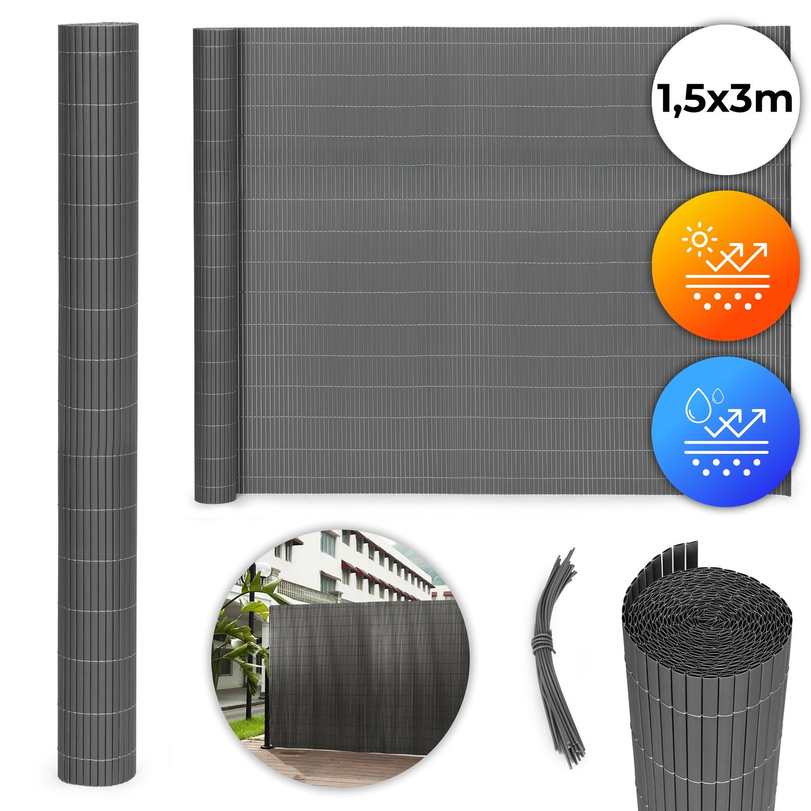 Dvisienė PVC bambuko imitacijos apsauginė uždanga 150x300 cm antracito