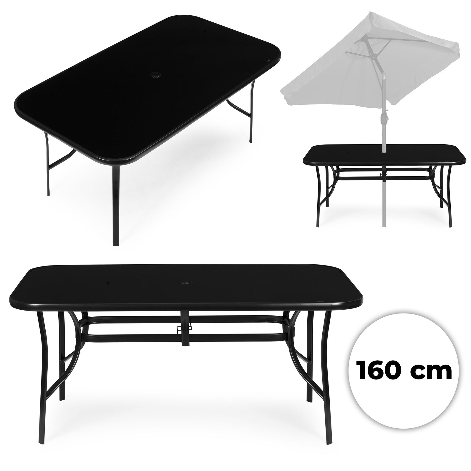 Grūdinto stiklo sodo stalas su anga skėčiui 160x90 cm Grūdinto stiklo sodo stalas su anga skėčiui 160x90 cm