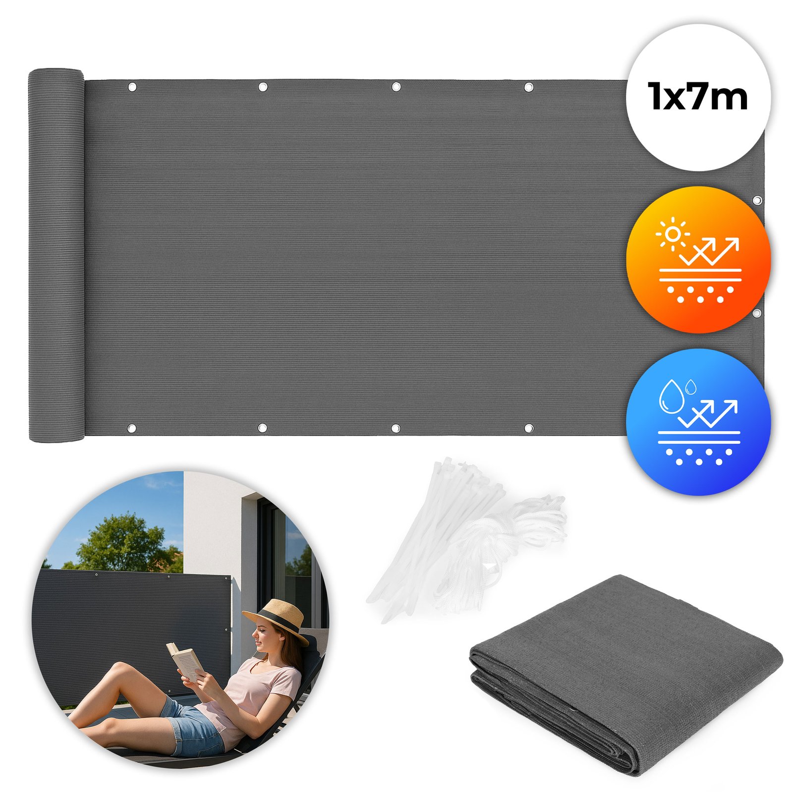 HDPE tinklo balkono uždanga su tvirtinimo detalėmis 100x700 cm