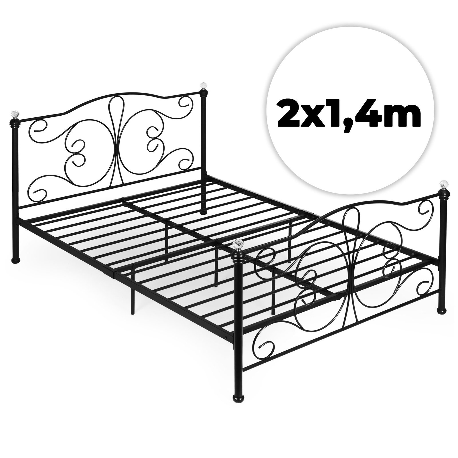 Juodas metalinis lovos rėmas 140x200 cm su grotelėmis ir kristalais