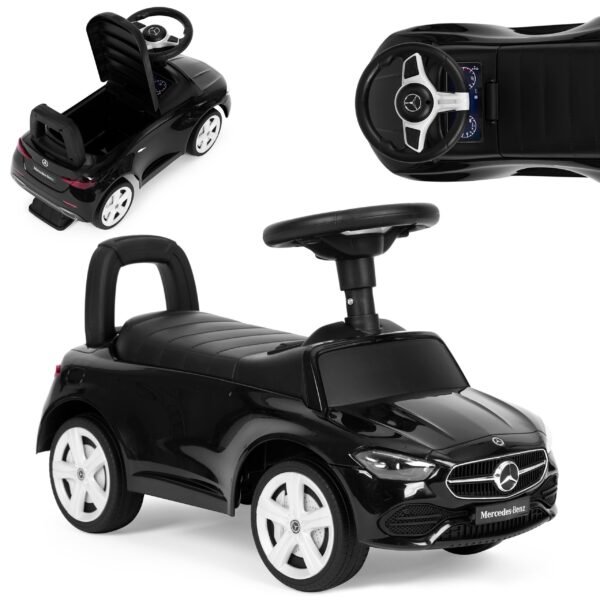 Juodas vaikiškas paspirtukas Mercedes-Benz su interaktyviu vairu ir garsais