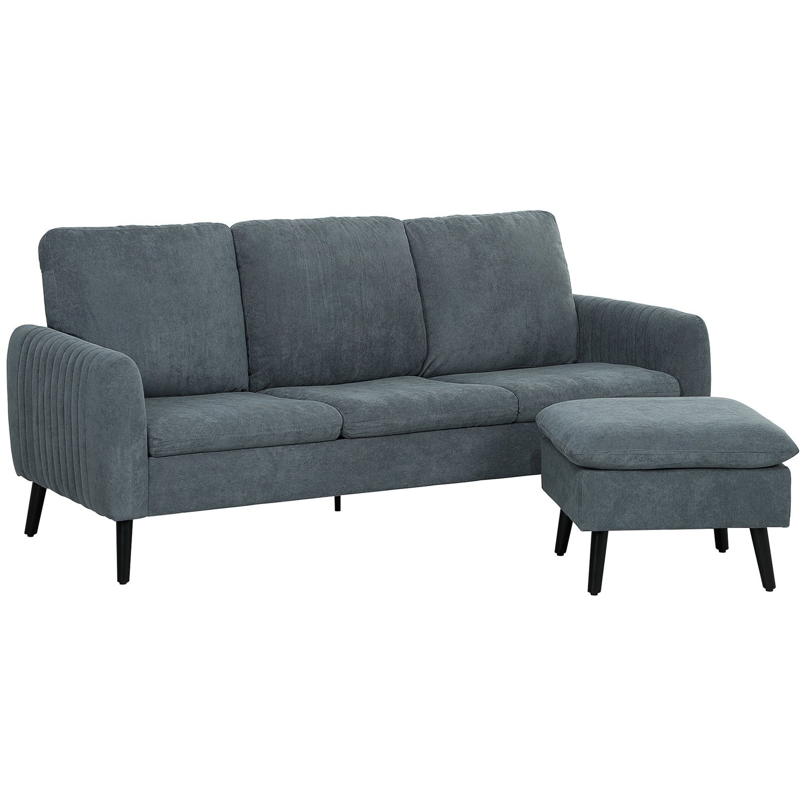 Kampinė 3 vietų sofa su perkeliamu pufu ir kordiniu apmušalu Kampinė 3 vietų sofa su perkeliamu pufu ir kordiniu apmušalu