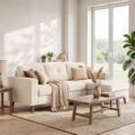 Kompaktiška gofruoto audinio kampinė trivietė sofa su keičiama šezlongo puse