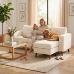 Kompaktiška gofruoto audinio kampinė trivietė sofa su keičiama šezlongo puse