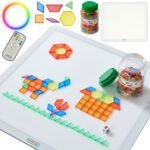 Kvadratinis daugiaspalvis LED šviesos panelis su Montessori mozaikos kaladėlėmis (140 vnt.)