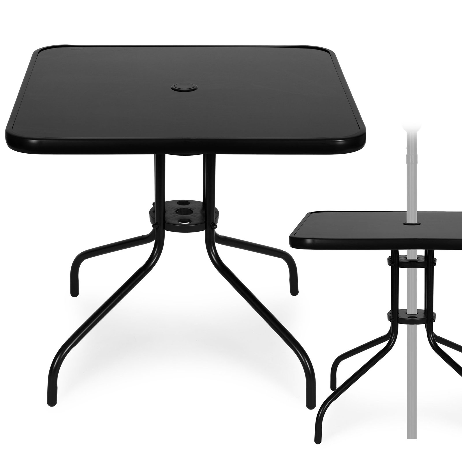 Kvadratinis grūdinto stiklo sodo stalas 80 cm su anga skėčiui Kvadratinis grūdinto stiklo sodo stalas 80 cm su anga skėčiui