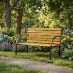 Lauko suoliukas su medine sėdyne ir atlošu, plieniniu rėmu, 122x57 cm – Paveikslėlis 4