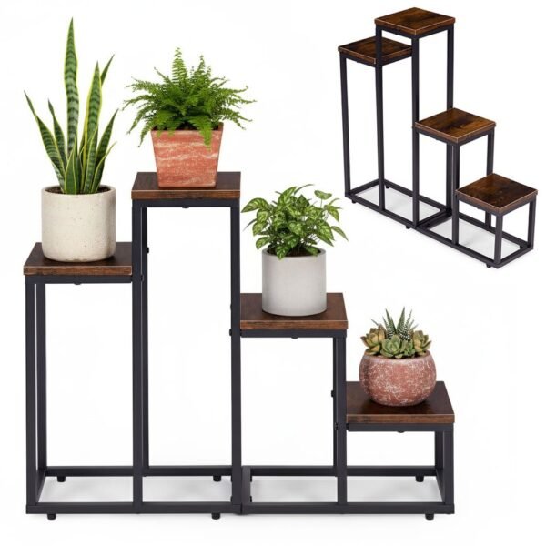 Loft stiliaus metalinis gėlių stovas su 4 lentynomis