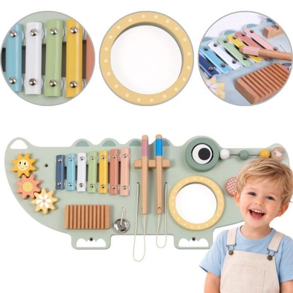 Medinė manipuliacinė lenta krokodilo formos su muzikos instrumentais