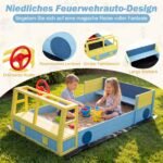 Medinė smėlio dėžė gaisrinio automobilio dizaino su vairu ir sėdyne (Mėlyna ir geltona)