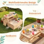 Medinis vaikų pikniko stalas su smėlio dėže ir reguliuojamu skėčiu 3-in-1 (Natūrali)