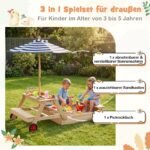Medinis vaikų pikniko stalas su smėlio dėže ir reguliuojamu skėčiu 3-in-1 (Natūrali)