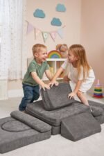 Modulinė sofa vaikams iš pilko šinilo audinio