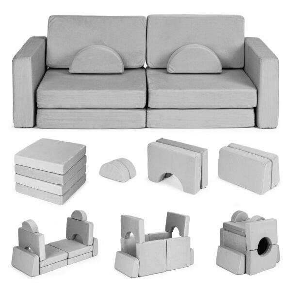 Pilka modulinė sofa vaikams iš 10 minkštų dalių