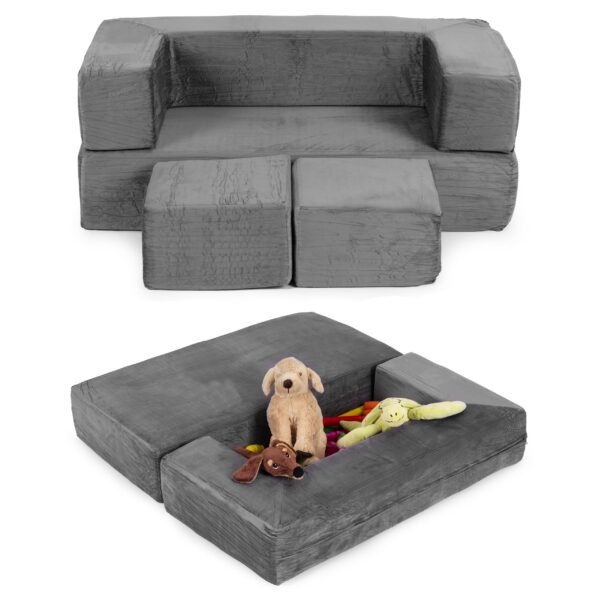 Pilka modulinė vaikiška sofa su 4 minkštomis pagalvėmis