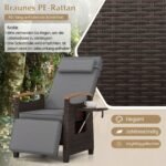 Rataninis poilsio krėslas su reguliuojamu atlošu ir šoniniais staliukais (Pilka)