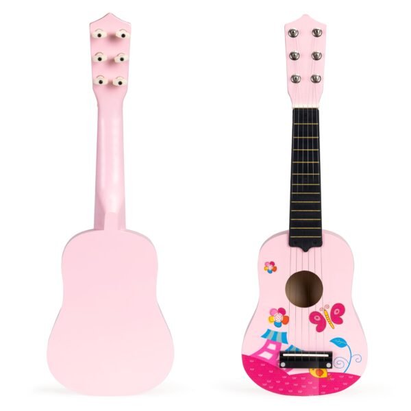 Rožinė medinė gitara vaikams su metalinėmis stygomis