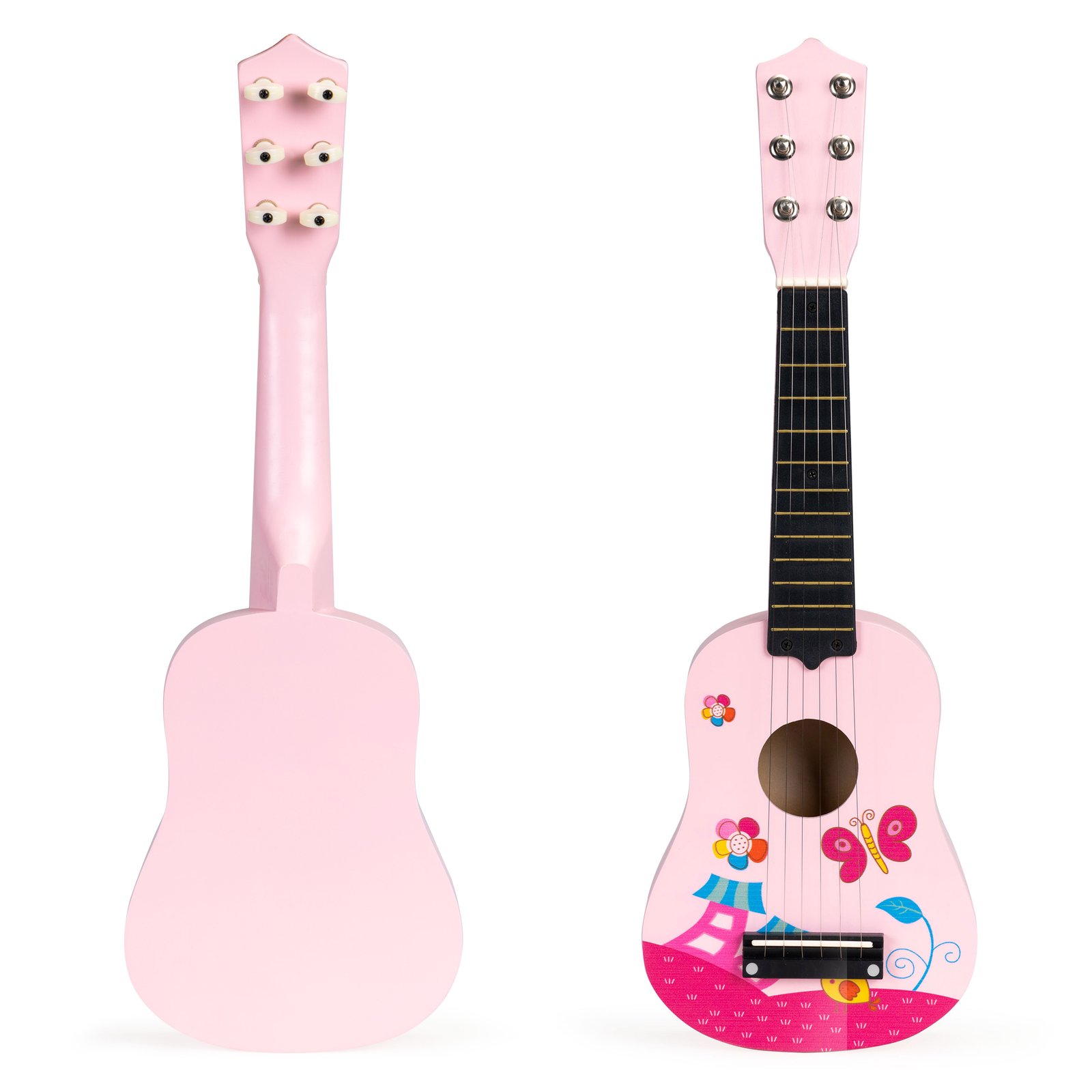 Rožinė medinė gitara vaikams su metalinėmis stygomis
