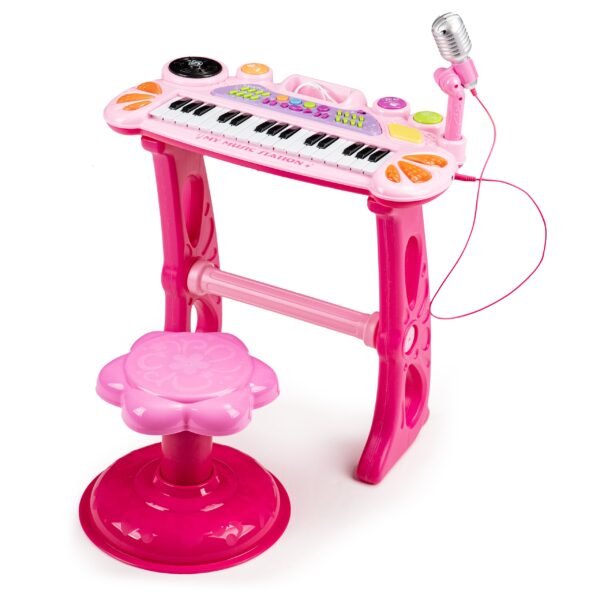 Rožinis elektroninis pianinas su mikrofonu ir MP3 jungtimi