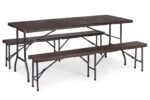 Rudas sulankstomas maitinimo komplektas: 180 cm stalas ir du suolai
