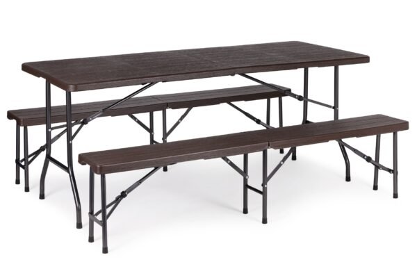 Rudas sulankstomas maitinimo komplektas: 180 cm stalas ir du suolai
