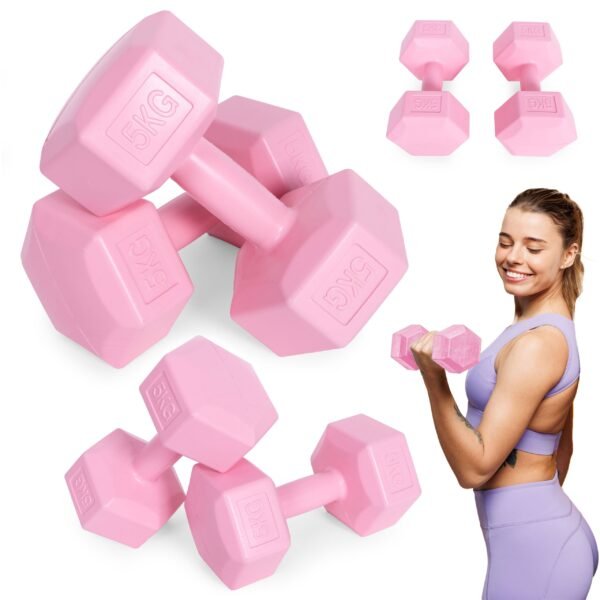 Šešiakampiai rožiniai hanteliai fitneso pratimams 2x5 kg