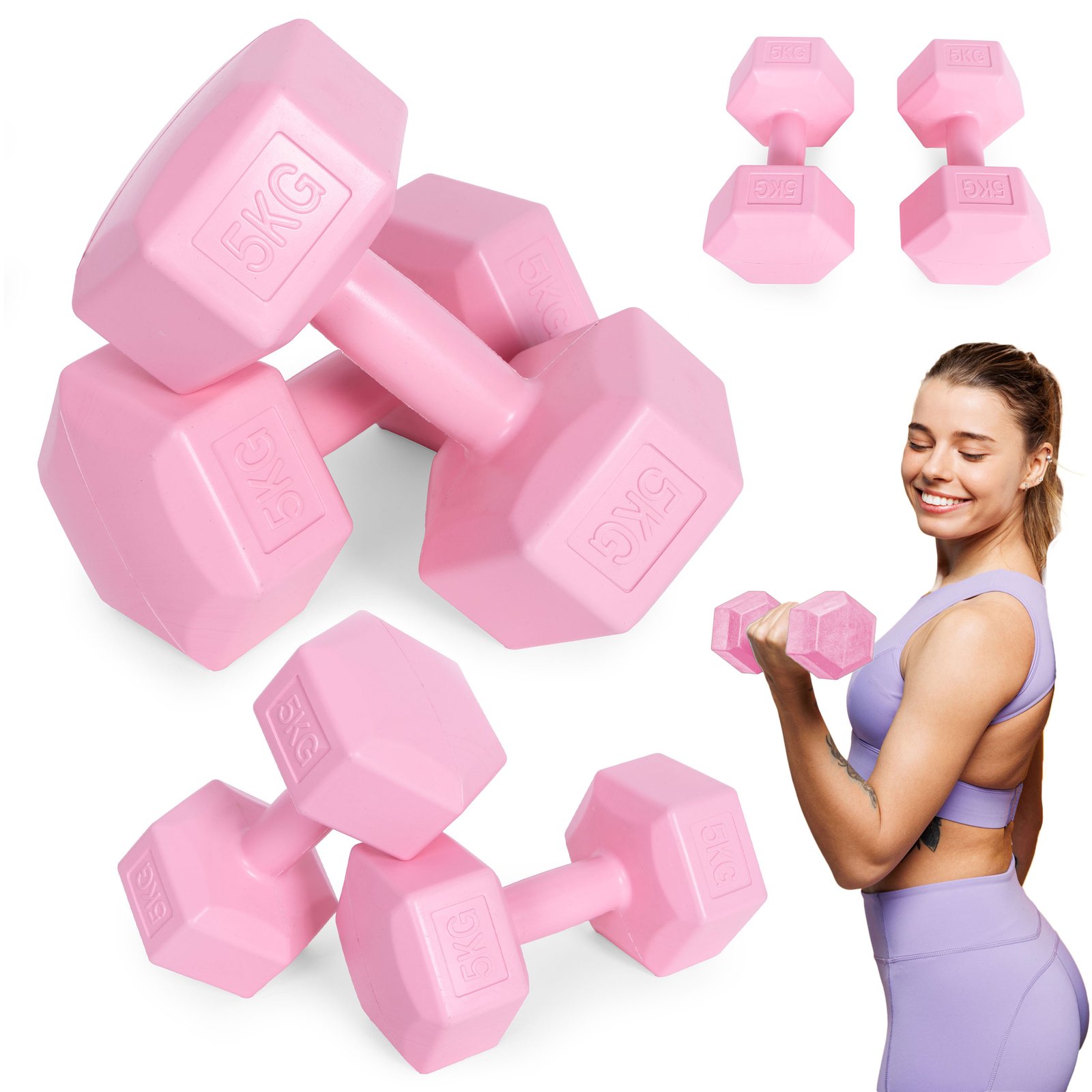 Šešiakampiai rožiniai hanteliai fitneso pratimams 2x5 kg