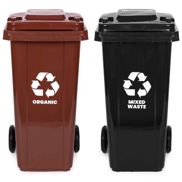 Šiukšliadėžių rinkinys 2x120 l HDPE su guminiais ratais