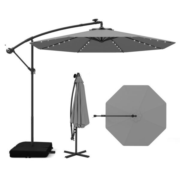Sodo skėtis konsolinis 250 cm skersmens su LED apšvietimu ir rankena (Pilka)
