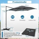 Sodo skėtis pakabinamas erdvus 3 m su 360° pasukimu ir tvirtu pagrindu (Pilka)