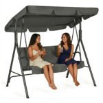 Sodo trivietės supynės su plieniniu rėmu ir reguliuojamu stogeliu
