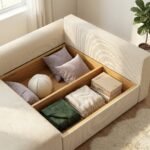 Sofa-lova 3-vietė su daiktadėže ir 9 pagalvėmis, kordo audinys – Paveikslėlis 5