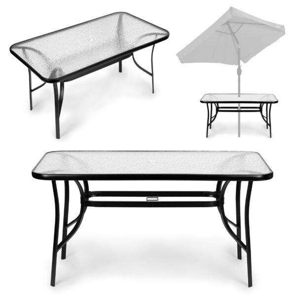 Stiklinis lauko stalas su grūdinto stiklo stalviršiu 120x70 cm ir anga skėčiui