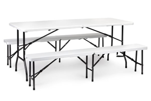 Sulankstomas baltas pobūvių stalas su suolais 180 cm