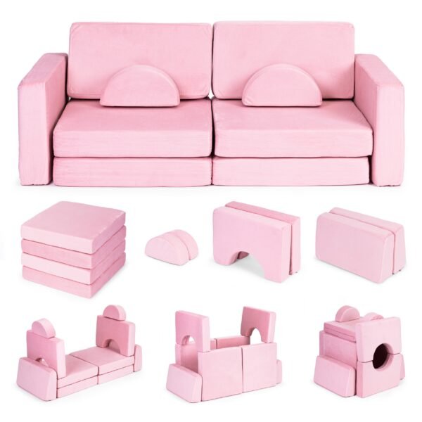 Vaikiška modulinė sofa su 10 minkštų pagalvėlių rožinė