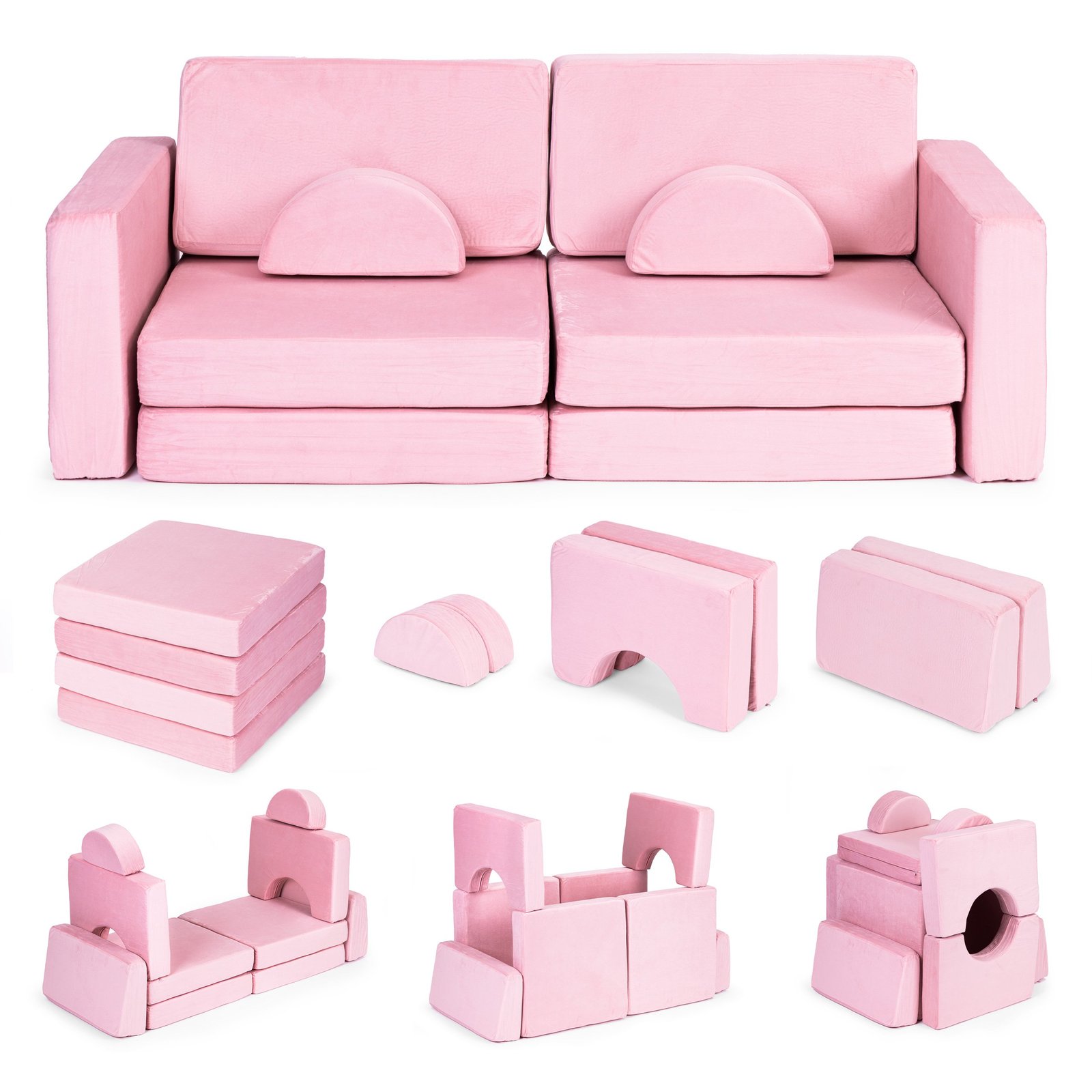 Vaikiška modulinė sofa su 10 minkštų pagalvėlių rožinė