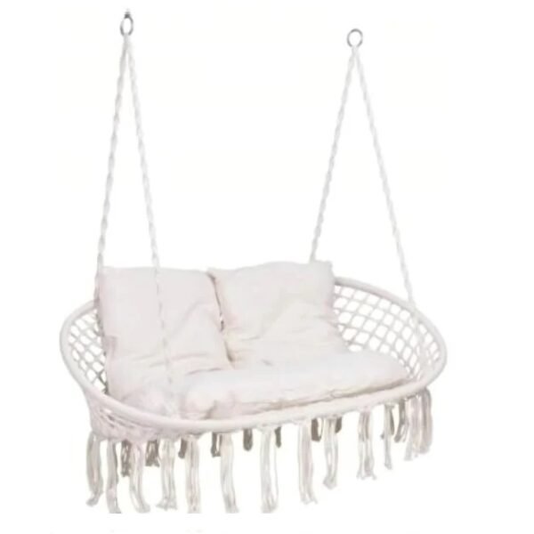 Pakabinamas krėslas sūpynės dvivietis Boho stiliaus su pagalvėmis (Smėlio)