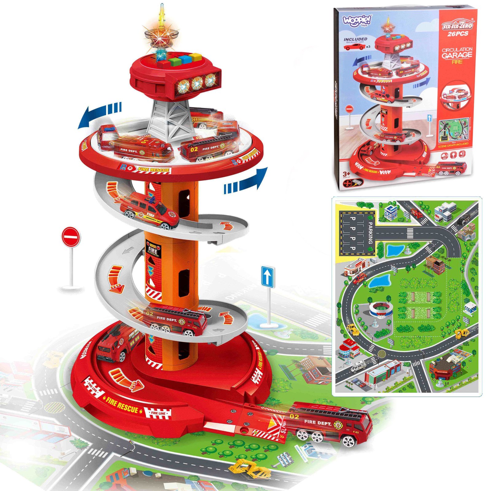 Daugiaaukštis ugniagesių garažas su spiraliniu taku ir šviesos Daugiaaukštis ugniagesių garažas su spiraliniu taku ir šviesos