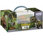 Dinozaurų figūrėlių rinkinys su priešistorinio pasaulio kilimėliu ir dėže
