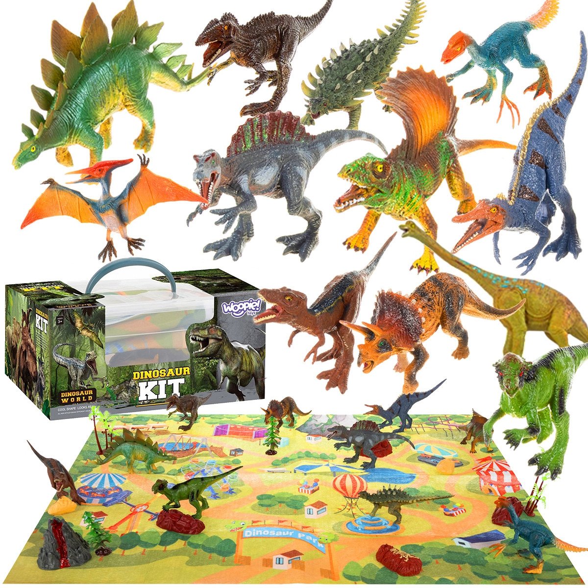 Dinozaurų figūrėlių rinkinys su priešistorinio pasaulio kilimėliu ir dėže Dinozaurų figūrėlių rinkinys su priešistorinio pasaulio kilimėliu ir dėže