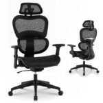 Ergonominė biuro kėdė su tinkleliu reguliuojama galvos atrama ir porankiais (Juoda)